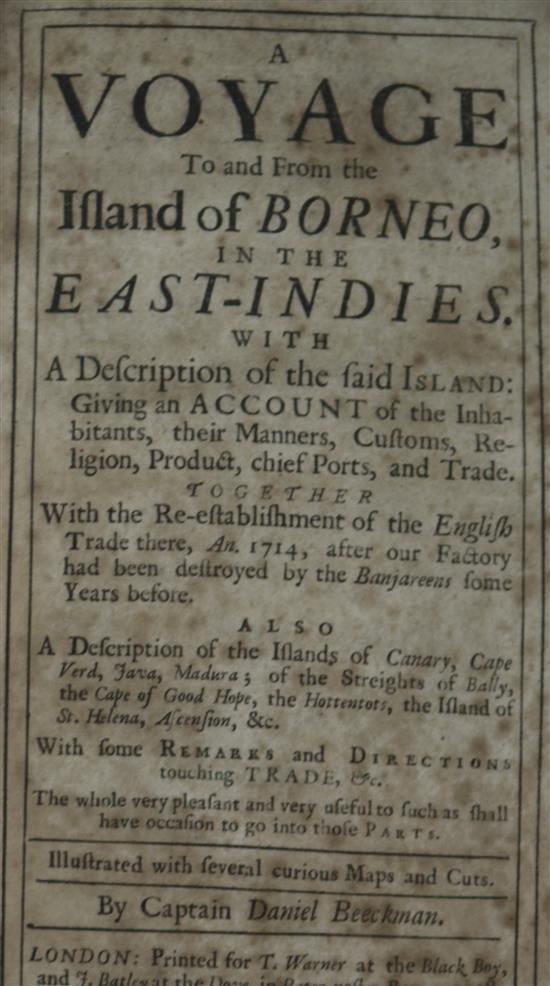 Beeckman, Daniel - A Voyage to and from the Island of Borneo, 8vo, rebound 19th century half calf, joints cracked,